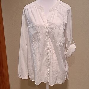 LOFT WHITE V-NECK LONG SLEEVE/ ROLL TAB BUTTON DOWN BLOUSE SIZE M
